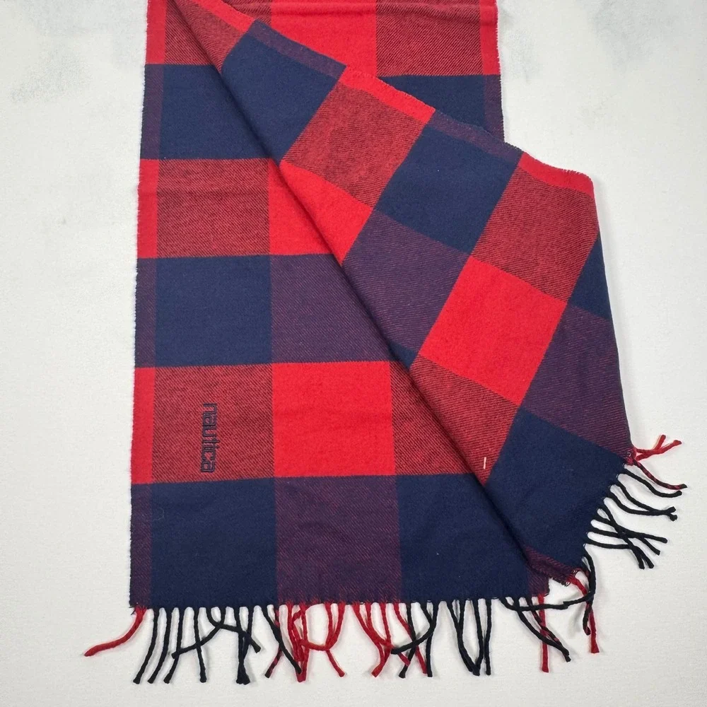 Nautica Vintage Scarf Red Navy Blue Buffalo Plaid Check Fringed Winter NWT